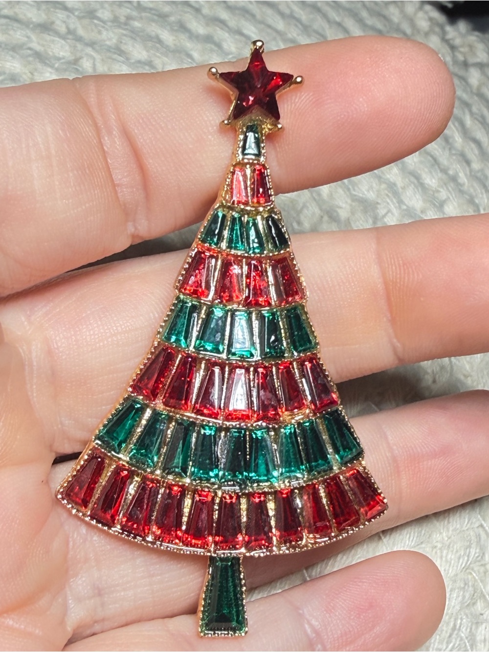 Christmas Tree Brooch Red Green Baguette Rhinestone Holiday Pin - Picture 1 of 6